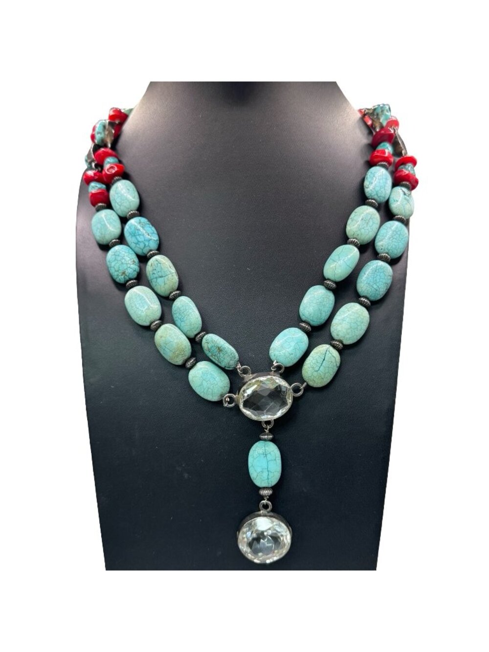 Artisan Turquoise & Red Coral Sterling Silver Necklace Clear Quartz18" 925 READ